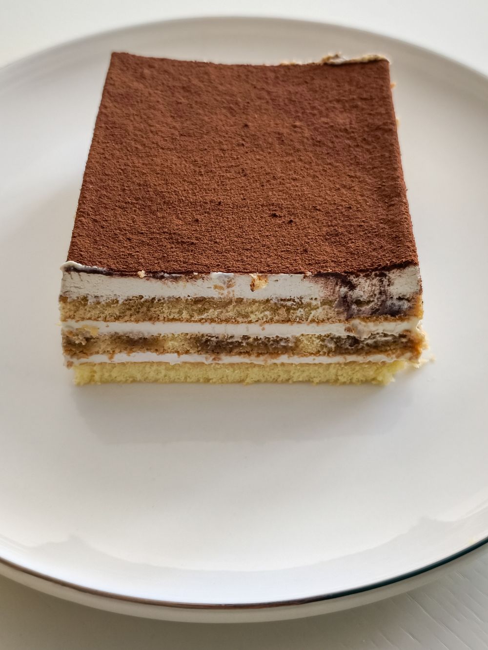 A slice of tiramisu with cocoa and creamy layers on a white plate