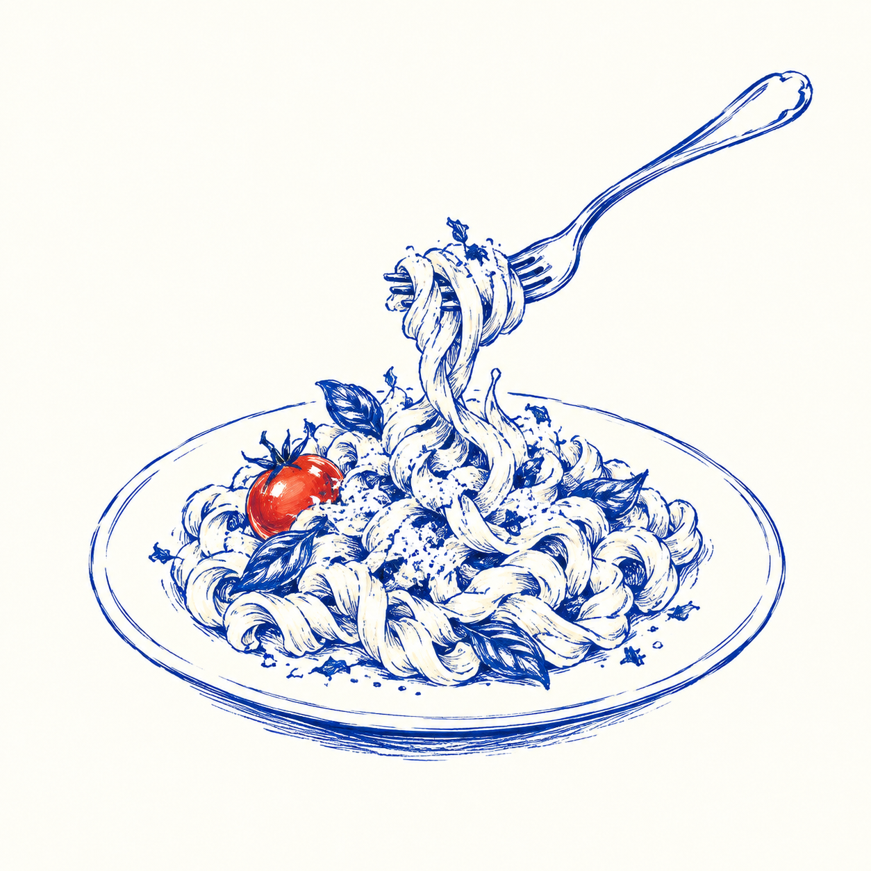 A loose blue ink drawing of pasta and a fork, with a little red tomato